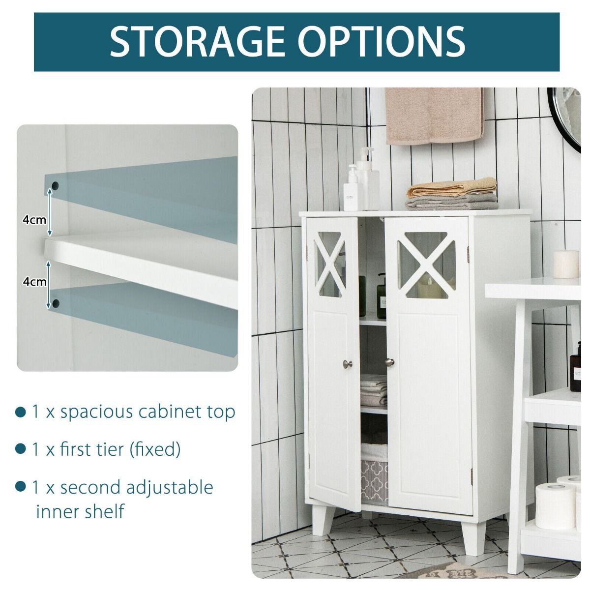 Wooden Bathroom Floor Storage Cabinet with Double Doors and Adjustable Shelf
